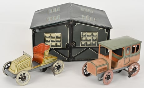 BING GARAGE w/ 2 TIN WINDUP AUTOMOBILES
