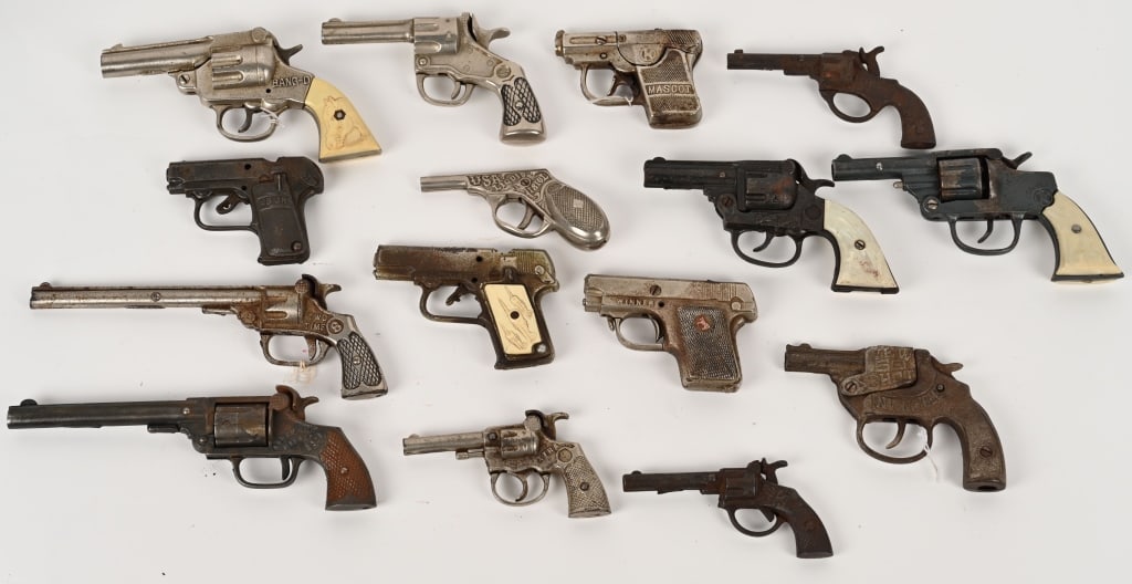 15- CAST IRON CAP GUNS: Nice lot of early cast iron Cap Guns. Some unusual examples. Various conditions. AS-IS