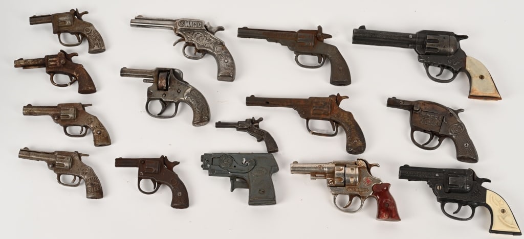 15- CAST IRON CAP GUNS: Nice lot of early cast iron Cap Guns. Some unusual examples. Various conditions. AS-IS