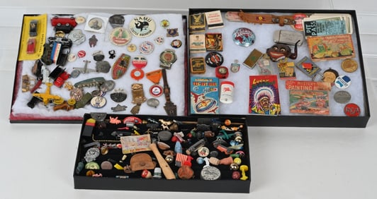 LOT OF PREMIUMS, CRACKER JACK, PINBACKS, & MORE
