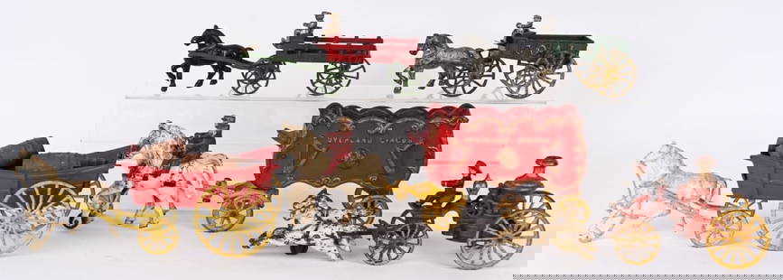 CAST IRON HORSE DRAWN TOYS: Nice lot of various original cast iron Horse Drawn Toys. All in original condition. Largest 13" AS-IS