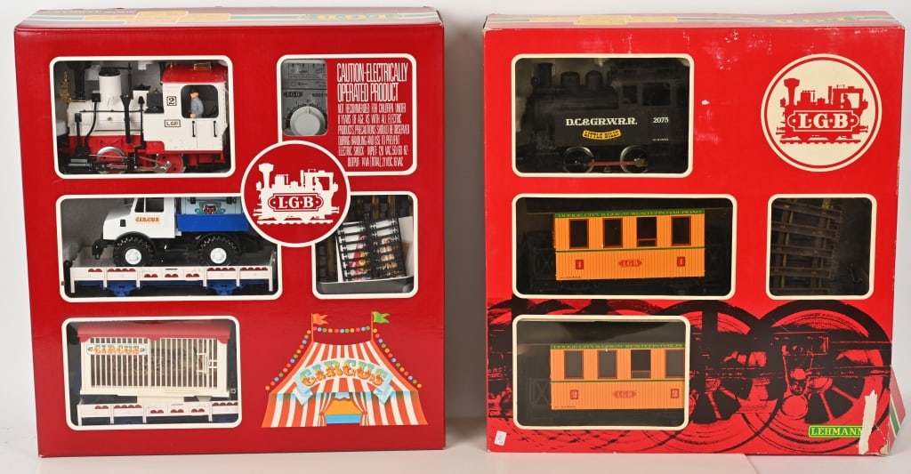 2- LGB LEHMANN TRAIN SETS, 21988US & 20701DC: Lot of 2 LGB Lehmann trains sets with original boxes. 22" by 20" Excellent