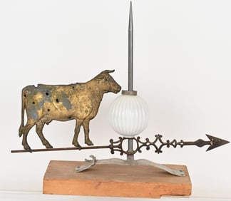 ANTIQUE COW WEATHERVANE w/ MILK GLASS BALL