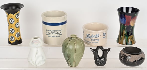 8- POTTERY ITEMS, VASES, ADV. SANTA CLARA & MORE