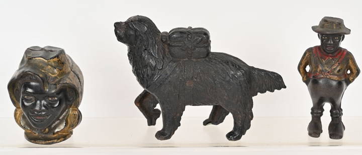 3- A. C. WILLIAMS CAST IRON STILL BANKS: Lot includes: 1. 4" A.C. Williams 2 Face bank, with replaced screw, 2. 5 3/4" A.C. Williams Sharecropper bank. 3. 8" A.C. Williams Dog with Pack bank. Condition varies. Overall Very Good