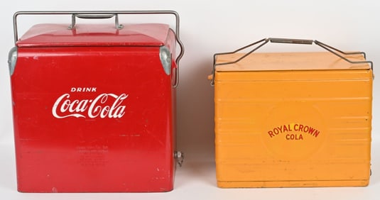 2- VINTAGE PICNIC COOLERS, COCA COLA & ROYAL CROWN