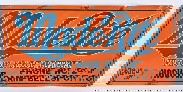 MADE-RITE FLOUR EMBOSSED TIN SIGN: Made-Rite "Flour Made Better" embossed tin sign. Made by John Idelstroem Co. Massillon, Ohio. Has edge wear and damage as seen in the photos. Displays well. Good-Very Good
