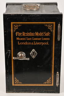 MILNER'S SAFE COMPANY LTD, SMALL SAFE: Milner's Safe Company Limited small floor safe, stenciled "Fire Resisting Model Safe, London & Liverpool", has handle on top, 14 1/2" by 9 3/4" by 9" Very Good-Excellent
