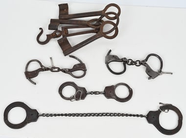 4- ANTIQUE HANDCUFFS & LEG IRONS & MORE