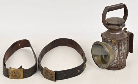 BRITISH RR LANTERN & 2 GERMAN MILITARY BELTS