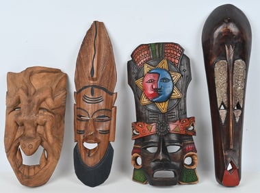 4- CARVED WOOD TRIBAL MASKS