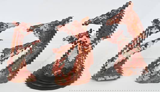 3- HAND CARVED RED JASPER GIRAFFE SCULPTURES: Beautiful very detailed Giraffe carvings from red Hasper. Largest is 8". Very Good-Excellent