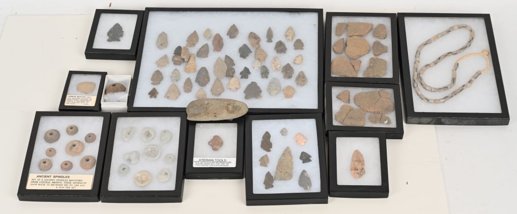 LARGE GROUPING NATIVE AMERICAN RELICS & MORE: Lot includes Native American relics, items recovered in Mexico, pottery shards and more. Condition varies. Very Good-Excellent