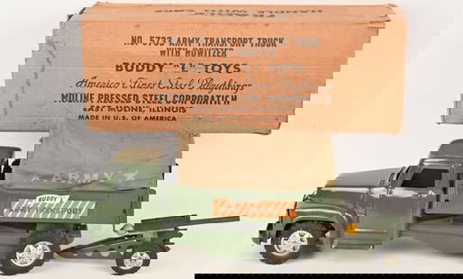 BUDDY L ARMY TRANSPORT No. 5733 w/ BOX: Buddy L Army Transport truck, includes canvas cover, Howitzer and original box. 20" Excellent