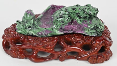 RUBY IN ZOISITE CARVED FROG ON STAND