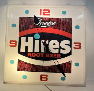 HIRE ROOT BEER LIGHTUP CLOCK: All original and works. 16"x16" Excellent