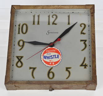 SESSIONS WHISTLE ADVERTISING CLOCK: All original and working. Metal frame has some loss. 14"x14" very Good-Excellent