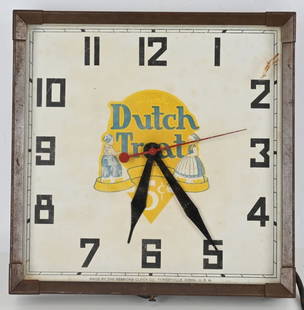 DUTCH TREAT 5c ADVERTISING CLOCK: All original but not working. Has some wear. 14 1/2"x14 1/2" Very Good
