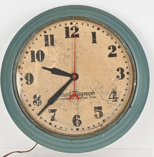POSTAL TELEGRAPH CLOCK: Working clock that's been repainted and face has peeling issues. 20" Very Good