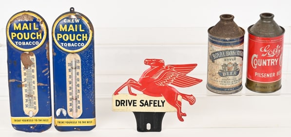 TIN ADEVRTISING, CONE TOP BEER CANS & MORE