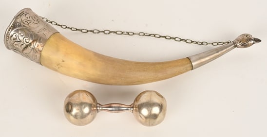 TIFFANY SILVER RATTLE & SILVER CLAD DRINKING HORN