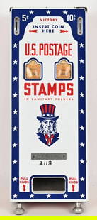 PORCELAIN UNCLE SAM US POSTAGE STAMP MACHINE: Porcelain wall mounted US Postal Service stamp vending machine, 5 cents & 10 cents, Manufactured by Automatic Dispenser Company, Los Angeles Calif Serial No 3717 / Measures: 19.5"H x 8"W x 4.5"D , Unt