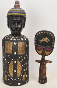2- LARGE TRIBAL WOOD CARVINGS w/ BEADS