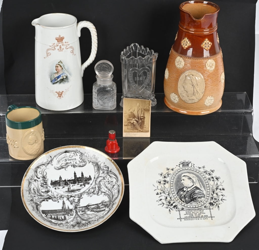 LOT OF QUEEN VICTORIA JUBLIEE ITEMS: Lot of Queen Victoria Jubilee Items. Includes Pitchers, Plates, Vase, and More. Excellent