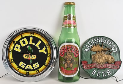 POLY GAS CLOCK & BEER ADVERTISING SIGNS