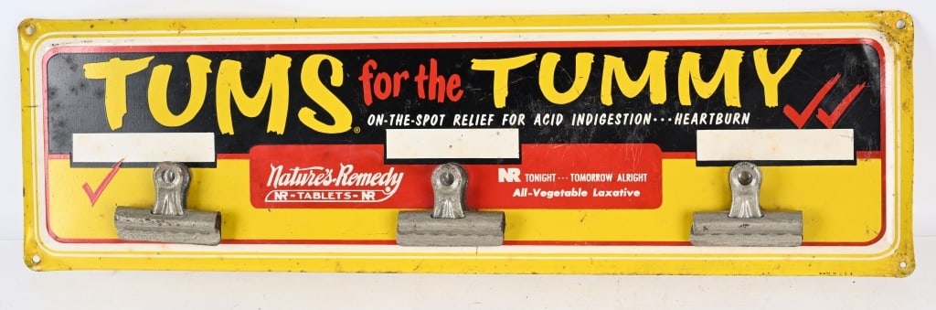 TUMS FOR THE TUMMY TIN DISPLAY SIGN: All original with nice colors. Has clips to hold the product. 19"x5 1/2" Excellent