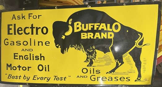 LARGE BUFFALO BRAND GASOLINE PORCELAIN SIGN