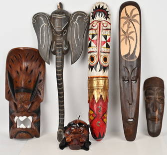 6- TRIBAL WOOD MASKS: Lot of 6 different wood carved masks. Largest is 38". Very Good-Excellent