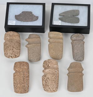 NATIVE AMERICAN REPLICA AXES & BANNER STONES: Lot includes 7 well made grooved axes, along with 2 different banner stones. All are replicas. 6" AS-IS