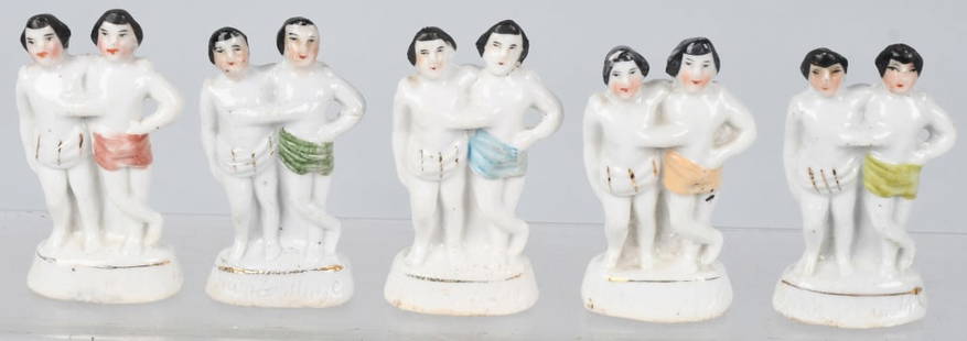 5- SIAMESE TWIN BISQUE FIGURES "FREAK SHOW": Lot of 5 original Siamese Twin Bisque Figures. Freak Show Souvenirs. All with no breaks. 3 1/2" Excellent