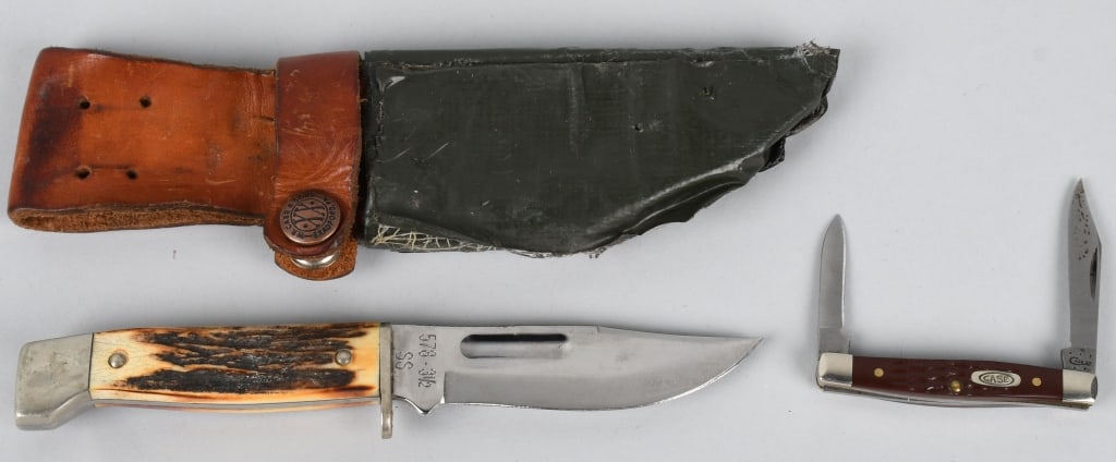 2- VINTAGE CASE XX KNIVES: Includes Case XX Knife 578 3 1/2 SS with Leather Sheath with tape and Case XX Folding Pocket Knife with 2 Blades USA 6233 SS. Largest measures 7 1/4" Excellent