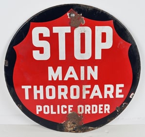 STOP MAIN THOROFARE PORCELAIN SIGN