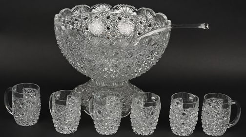 VINTAGE CUT GLASS PUNCH BOWL, 6 CUPS & LADLE
