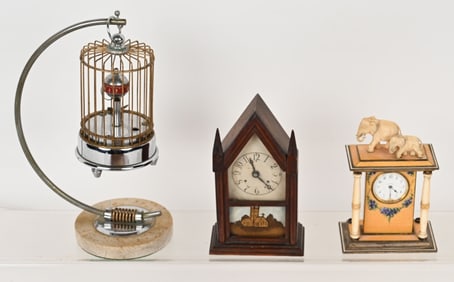 3- VINTAGE DESK CLOCKS, BIRD CAGE & MORE
