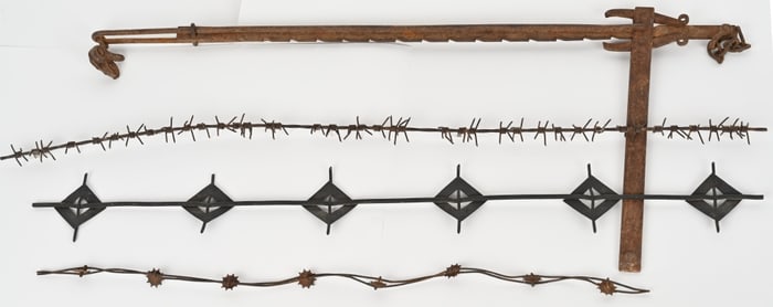 LARGE LOT BARBED WIRE, AND FENCE STRETCHER TOOLS