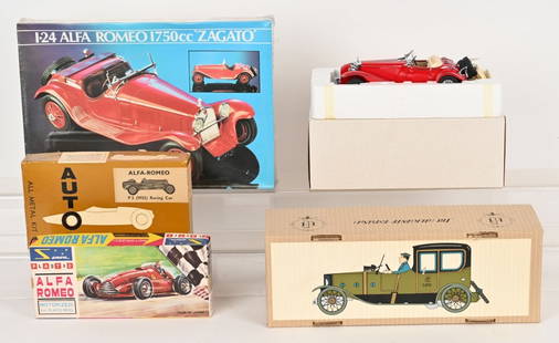 TOY CAR LOT, MODEL KITS, FRANKLIN MINT & MORE: Lot includes: 1. 3 different vintage Alfa Romeo model kits, all are unbuilt. 2. 9" Paya tin windup car in box, 3. Franklin Mint 1935 Mercedes 500 K special roadster, in box. All are Excellent.