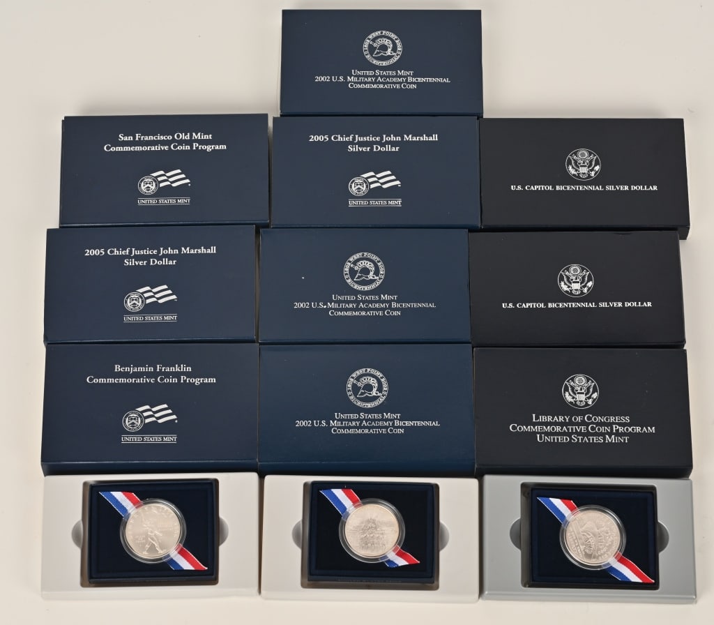 10- 90% SILVER COMMEMORATIVE DOLLARS: Lot includes: 2-John Marshall, 2- U.S. Capital Bicentennial, U.S. Military Academy Bicentennial, Library Of Congress, Benjamin Franklin, and San Francisco Old Mint. All are 90% silver.