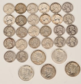 26- 90% SILVER QUARTERS & 5- SILVER HALF DOLLARS