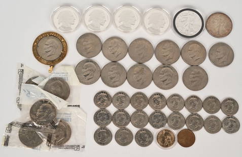 LOT 2- I oz SILVER COINS, 17-IKE DOLLARS & MORE: Lot includes 1- 1oz Silver Walking Liberty dollars, 17- Eisenhower dollars, 19 Susan B. Anthony dollars, 1- Washington dollar, 1- Sacagawea dollar, and 4- Silver Plate 2001 Indian/Buffalo coins. 44 co
