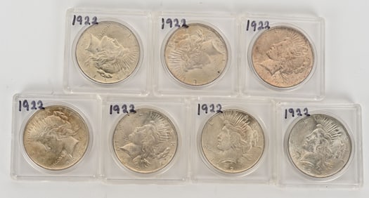 7- 1922 PEACE SILVER DOLLARS, HIGH GRADE