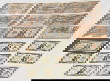17- CONFEDERATE & VINTAGE U.S. CURRENCY: Nice lot of Confederate & vintage currency includes: 1. 7- Civil War Confederate notes, Includes 3- $5.00, 2- $10.00 and 2- $20.00 notes, 2. 1873 Philadelphia, Newtown and New York Railroad Company $1
