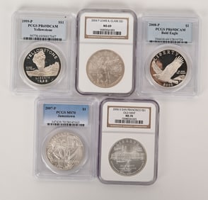 5- HIGH GRADE COMMEMORATIVE SILVER DOLLARS