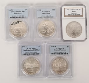 5- HIGH GRADE COMMEMORATIVE SILVER DOLLARS