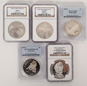 5- HIGH GRADE COMMEMORATIVE SILVER DOLLARS