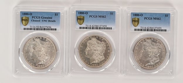 3- 1880-O MORGAN SILVER DOLLARS, GRADED