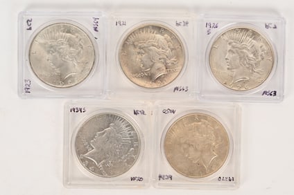 5- PEACE SILVER DOLLARS 1921, 1934-S & MORE
